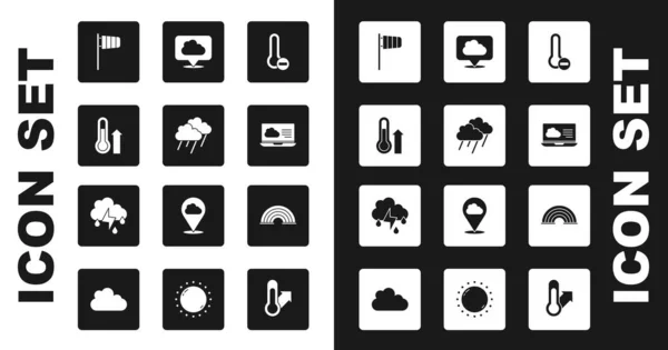 Set Meteorologie Thermometer, Wolke mit Regen, Cone Windsack Windfahne, Wettervorhersage, Standort Wolke, Regenbogen und und Blitz-Symbol. Vektor — Stockvektor