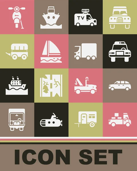 Set leverans lastbil, Hatchback bil, Polisen och blottare, TV Nyheter, Yacht segelbåt, Wild West täckt vagn, Scooter och last ikon. Vektor — Stock vektor