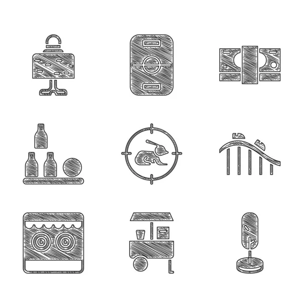 Set Hunt on rabbit with crosshairs, Fast street food cart, Tree, Roller coaster, Shooting gallery, Bottles ball, Stacks paper money cash and Magic table icon. Vector — Archivo Imágenes Vectoriales
