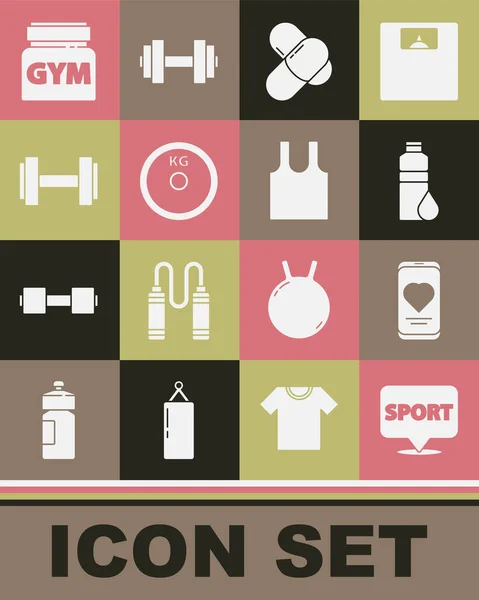 Set Location Gym, Handy mit Herzfrequenz, Fitness-Shaker, Sporternährung, Hantelscheibe, Hantel und ärmelloses T-Shirt-Symbol. Vektor — Stockvektor