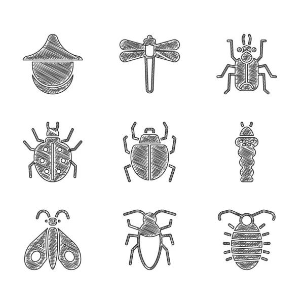 Set Mite, Cockrotle, Larva insect, Butterfly, Beetle bug 및 Beekeeper hat icon. Vector — 스톡 벡터