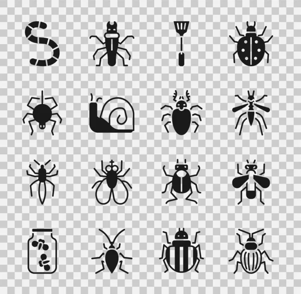 Set Käfer, Insektenfliege, Moskito, Fliegenklatsche, Schnecke, Spinne, Wurm und Käfer Hirschsymbol. Vektor — Stockvektor