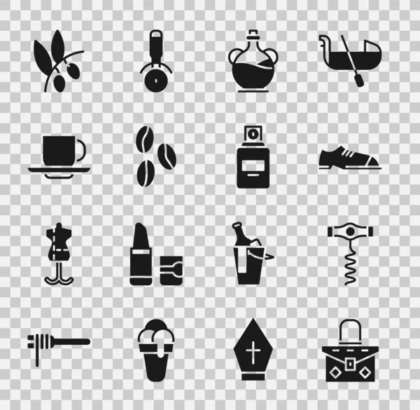 Set Handbag, Wine corkscrew, Men shoes, Bottle of olive oil, Coffee beans, cup, Olives branch and Perfume icon. Vector — Stock Vector
