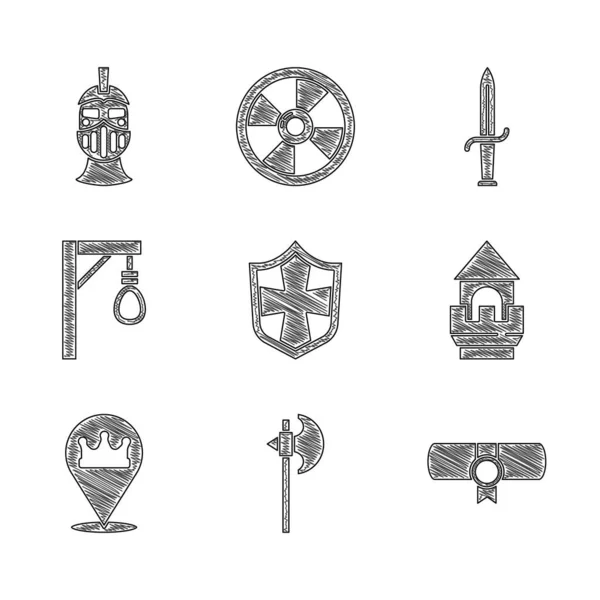 Set Bouclier, hache médiévale, décret, parchemin, parchemin, tour du château, couronne du roi emplacement, potence, poignard et icône du casque de fer. Vecteur — Image vectorielle