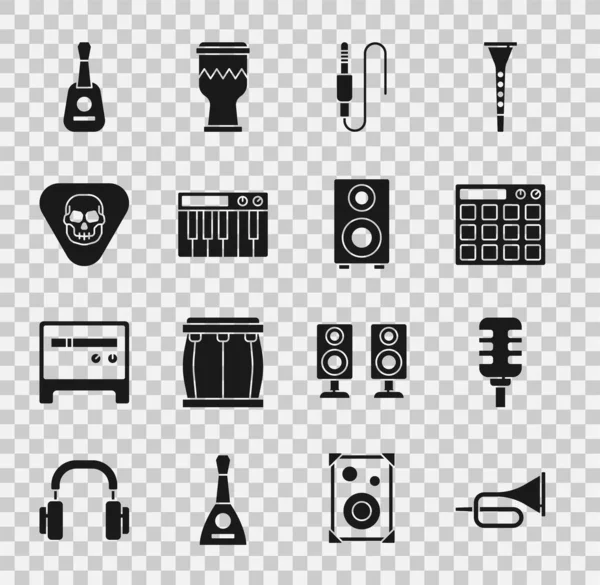 Set Trompet, Microfoon, Drummachine, Audio jack, Muziek synthesizer, Gitaarplukker, en Stereo luidspreker pictogram. Vector — Stockvector