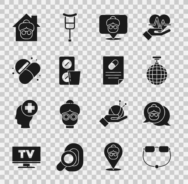 Set Eyeglasses, Grandmother, Disco ball, Nursing home, Pills blister pack, Medicine pill or tablet, and Medical prescription icon. Vector — Stock Vector