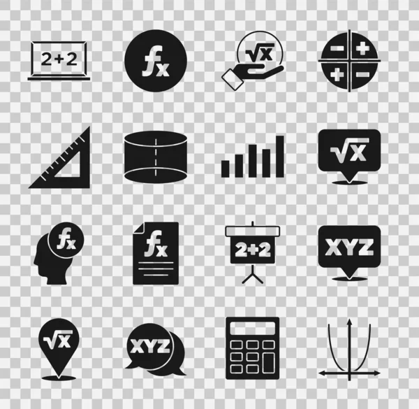 Set Graph, schedule, chart, diagram, XYZ Coordinate system, Square root of x glyph, Geometric figure Cylinder, Triangular ruler, Chalkboard and icon. Vector — Stock Vector