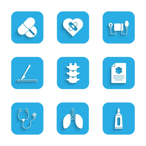 Set Human spine, Pulmões, pomada creme tubo medicina, Registro clínico, Estetoscópio, Cirurgia médica bisturi, Pressão arterial e medicina comprimido comprimido ícone. Vetor —  Vetores de Stock