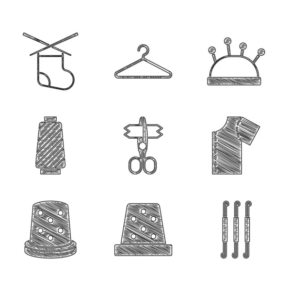 Olló, gyűszű varráshoz, horgolókampó, varróminta, fonal orsón, tűágy, tű és kötőjel ikon. Vektor — Stock Vector