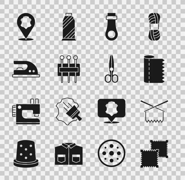 Set Textile fabric roll, Knitting needles, Zipper, Needle for sewing, Electric iron, Leather and Scissors icon. Vector — Stock Vector