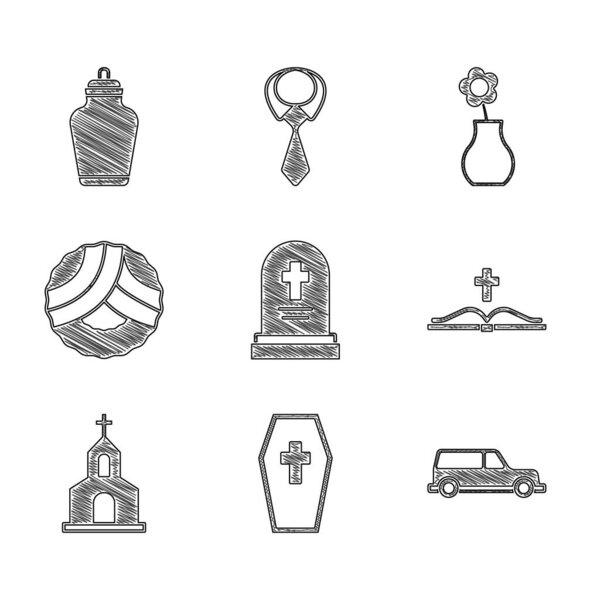 Установить могилу с надгробием, Коффиновым крестом, машиной Херса, Святой библейской книгой, церковным зданием, мемориальным венком, вазой с цветами и иконой Фараль. Вектор