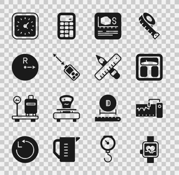 Beállítás Smart óra, Mérőműszer, Fürdőszobai mérlegek, Területmérés, Lézeres távolságmérő, Radius, Óra és keresztezett vonalzó és ceruza ikon. Vektor — Stock Vector