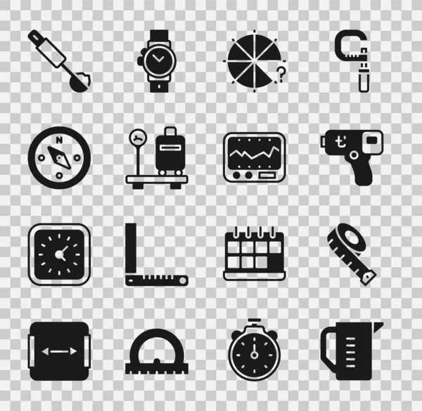 Set Meetbeker, tape, Digitale thermometer, Cirkel van stukken, Schaal met koffer, Kompas, lepel en instrument icoon. Vector — Stockvector