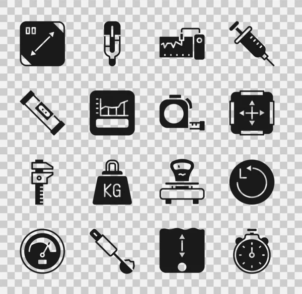 Set Stopwatch, Radius, Oppervlaktemeting, Meetinstrument, Grafiek, schema, grafiek, diagram, Bouwbellenniveau, Diagonaal meten en Roulette bouwpictogram. Vector — Stockvector