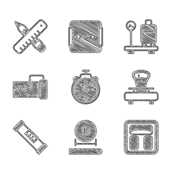 Set Stoppuhr, Durchmesser, Badezimmerwaagen, Waagen, Baublasenwaage, Messinstrument, mit Koffer und Lineal und Bleistift-Symbol. Vektor — Stockvektor