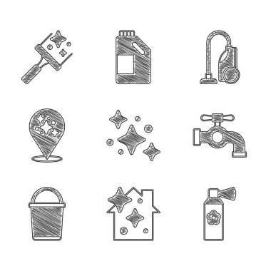 Ev temizleme servisi, oda spreyi şişesi, su musluğu, kova, elektrik süpürgesi ve cam simgesi için lastik. Vektör