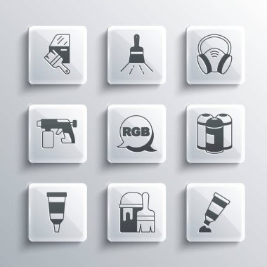 Boya kovasını fırçayla boya paleti, sprey boya kutusu, RGB, silah, araba boyası ve gaz maskesi ikonu ile ayarla. Vektör