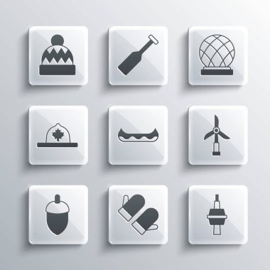 Noel eldiveni, Toronto 'daki TV CN Kulesi, Rüzgar türbini, Kanadalı korucu şapkası, Beanie ve Montreal Biyosfer ikonu. Vektör