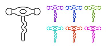 Beyaz arka planda siyah çizgi şarap tirbuşon simgesi izole edildi. Simgeleri renklendirin. Vektör