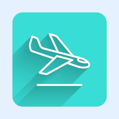 Beyaz çizgi düzlem iniş ikonu uzun gölge arkaplan izole. Uçak taşıma sembolü. Yeşil kare düğmesi. Vektör