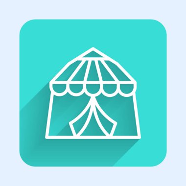 Beyaz çizgi sirk ikonu uzun gölge arkaplanı ile izole edilmiş. Karnaval kamp çadırı. Eğlence parkı. Yeşil kare düğmesi. Vektör