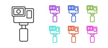 Siyah çizgi Eylem ekstrem kamera simgesi beyaz arkaplanda izole edildi. Ekstrem sporları çekmek için video kamera ekipmanı. Simgeleri renklendirin. Vektör