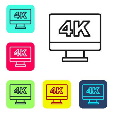 Beyaz zemin üzerinde 4k Ultra HD video teknolojisi ikonu bulunan siyah çizgi ekran televizyon. Renkli kare düğmelerle simgeleri ayarla. Vektör