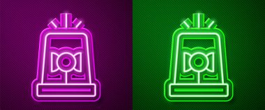 Parlayan neon hattı Flasher siren simgesi mor ve yeşil arkaplanda izole edildi. Acil durum sireni. Vektör