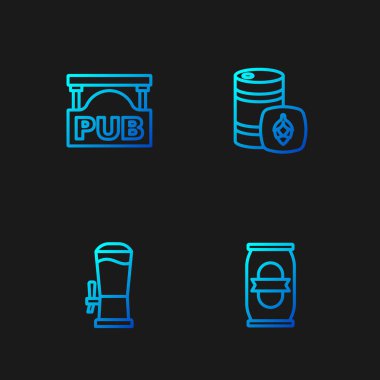 Bira kutusu, musluk, bar ve metal bira fıçısı olan sokak tabelası. Renk simgeleri. Vektör