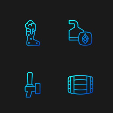 Ahşap fıçı, bira musluğu, bira bardağı ve demleme işlemini ayarla. Renk simgeleri. Vektör