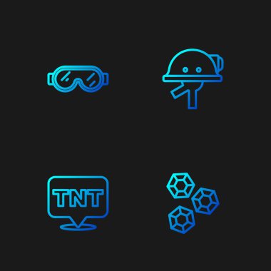 Mücevher taşı, dinamit, güvenlik gözlüğü ve madenci kaskı. Renk simgeleri. Vektör