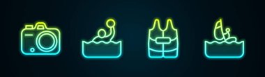 Fotoğraf makinesi, su topu, can yeleği ve rüzgar sörfü. Parlayan neon ikonu. Vektör