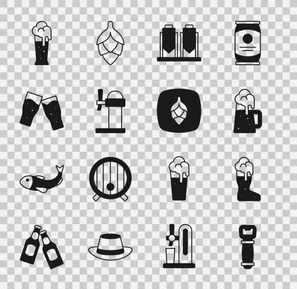 Set Flesopener, Boot bierglas, Houten mok, Bierbrouwproces, Dispenser, Glas en Hop icoon. Vector — Stockvector