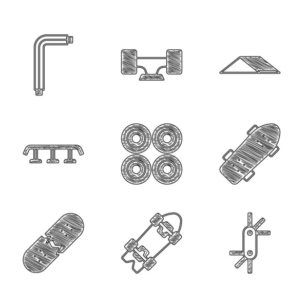 Set Rueda de monopatín, Longboard o monopatín, Herramienta allen keys, cubierta rota, escaleras con carril, parque e icono. Vector — Archivo Imágenes Vectoriales