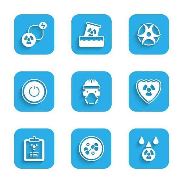 Set Nuclear reactor worker, Molecule, Acid rain and radioactive cloud, Radioactive shield, Radiation warning document, Power button, Biohazard symbol and exchange energy icon. Vektor — Stockový vektor