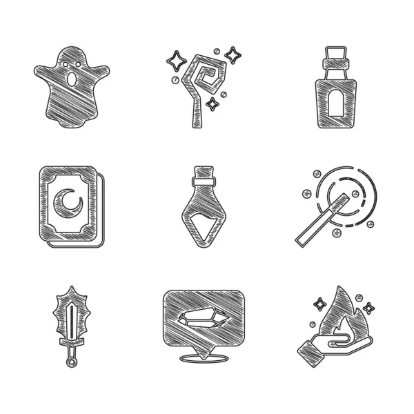 Set Bottle with potion, Magic stone, Hand holding fire, wand, sword, Tarot cards, and Ghost icon. Vector — Stock Vector