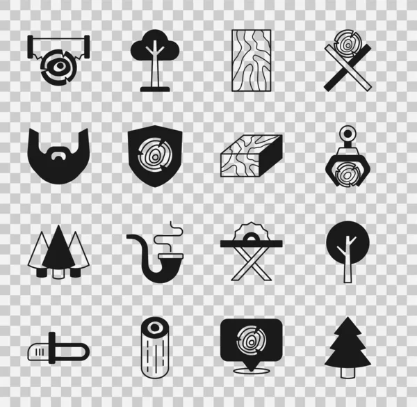 Set Christmas tree, Tree, Grapple crane grabbed log, Wooden beam, logs, Mustache and beard, Two-handed saw and icon. Vector — Stock Vector