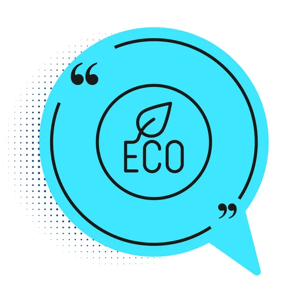 Zwarte lijn Leaf Eco symbool pictogram geïsoleerd op witte achtergrond. Banner, label, tag, logo, sticker voor eco groen. Blauwe spraakbel symbool. Vector — Stockvector