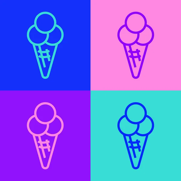 Pop art ligne Crème glacée au cône de gaufre icône isolée sur fond de couleur. Doux symbole. Vecteur — Image vectorielle