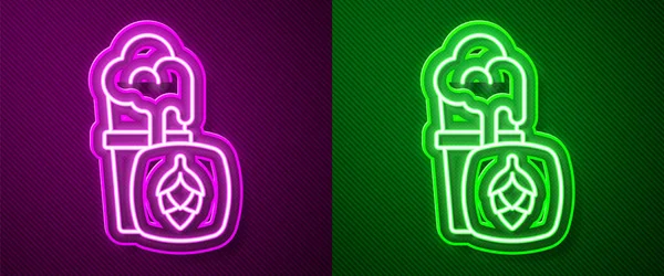 Glowing neon line Glass of beer icon isolated on purple and green background. Vector — Stock Vector