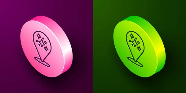 Izometrická čára Domácí úklid koncepce služby ikona izolované na fialovém a zeleném pozadí. Budova a dům. Kruhové tlačítko. Vektor — Stockový vektor