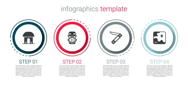 Set afrikanische Hütte, mexikanische Maya- oder Aztekenmaske, Schweizer Taschenmesser und Safarikarte. Geschäftsinfografische Vorlage. Vektor — Stockvektor