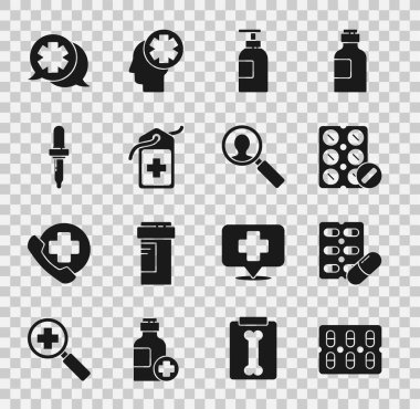 Hapları su toplayıcı pakete koy, el dezenfektanı şişesine, Cross hastanesinin tıbbi etiketine, Pipette 'e, doktorla diyaloğa ve tıbbi analiz ikonuna. Vektör
