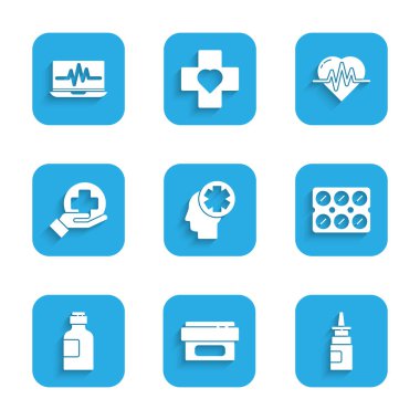 Erkek kafasını hastanelik et, merhem krem tüpü ilacı, burun spreyi, şurup hapları, çapraz sağlık, kalp atış hızı ve dizüstü bilgisayar kardiyogramı ikonu. Vektör