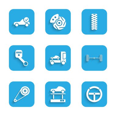 Araç nakil kamyonunu, asansördeki tamir arabasını, direksiyonu, Chassis 'i, zamanlayıcı kemerini, pistonu, tekerleği ve otomotiv kontrol ikonunu ayarla. Vektör