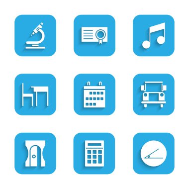 Takvim, hesap makinesi, akut açı, okul servisi, kalem açı, masa ve sandalye, müzik notası, ton ve mikroskop simgesi. Vektör