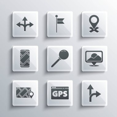 GPS cihazını harita, trafik işareti, konum, itme pimi, şehir navigasyon ve simge ile ayarla. Vektör