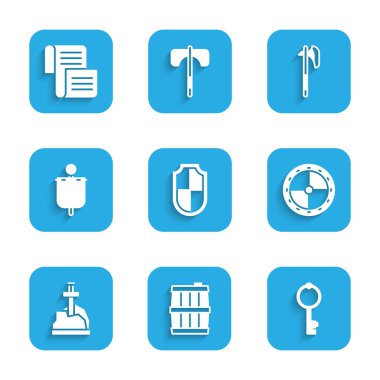 Kalkan, tahta fıçı, eski anahtar, yuvarlak ahşap kalkan, taştaki kılıç, ortaçağ bayrağı, balta ve ferman, parşömen, parşömen simgesi. Vektör