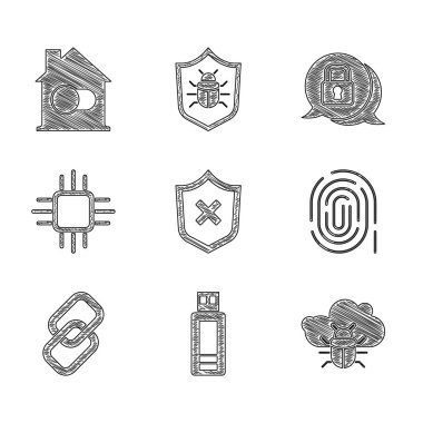 Kalkan 'ı çapraz işaretli, USB flash bellekli, sistem hatası, parmak izi, zincir bağlantısı, işlemci mikrodevreleri, siber güvenlik ve Smart ev simgesi ile ayarla. Vektör