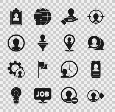 Hesap ekranı oluştur, özgeçmişi olan mobil, konuşma balonu sohbeti, Arama görevlileri için el, kafa avcılığı, pano ve konum simgesi oluştur. Vektör